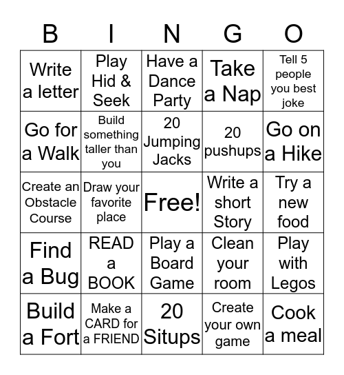 Screen Free Bingo Card