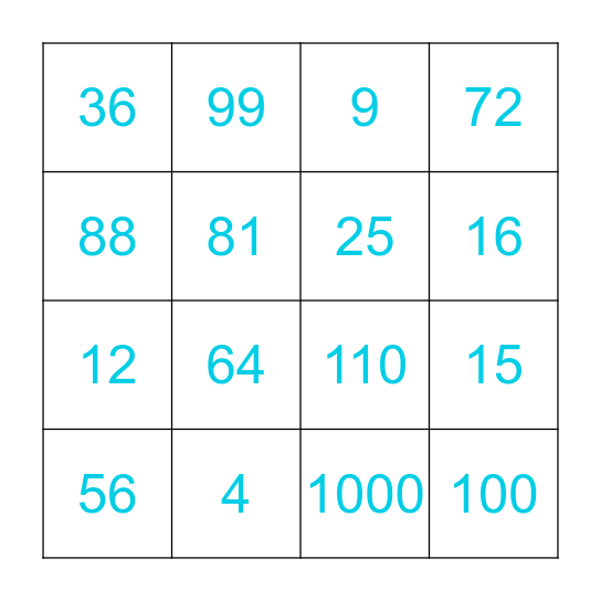 Times Table Bingo Card