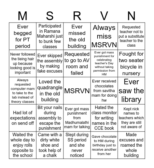 MSRVidyaniketan Bingo!! Bingo Card