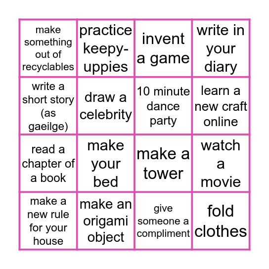 Stuff to do Bingo Card