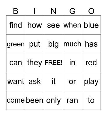 Sight Words Bingo Card