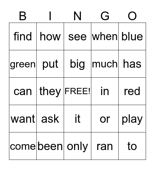 Sight Words Bingo Card