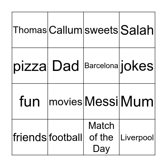 Ethan Bingo Card
