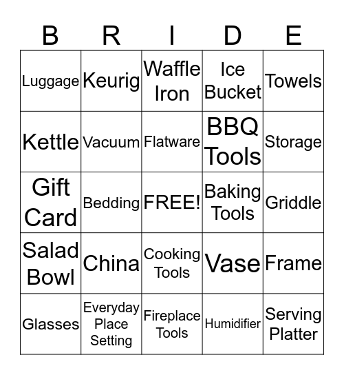 Jackie's Bridal Shower Bingo Card