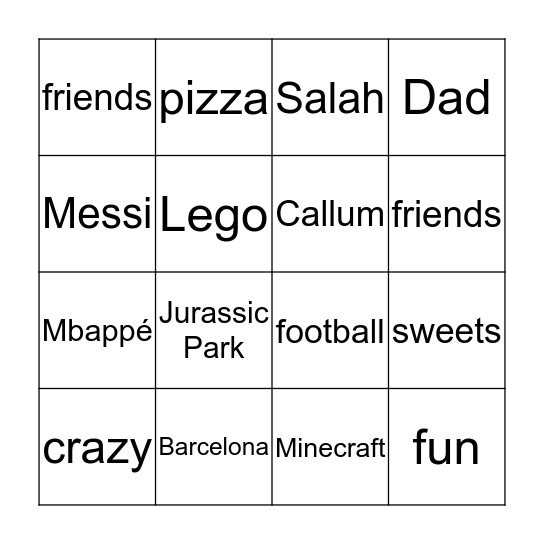 Callum Bingo Card