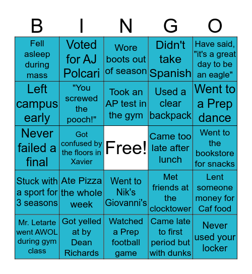 St John's Prep Bingo Card