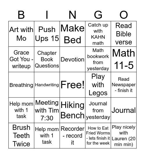 Wednesday Bingo Card