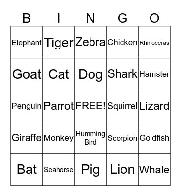Animal Bingo Card