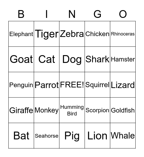 Animal Bingo Card