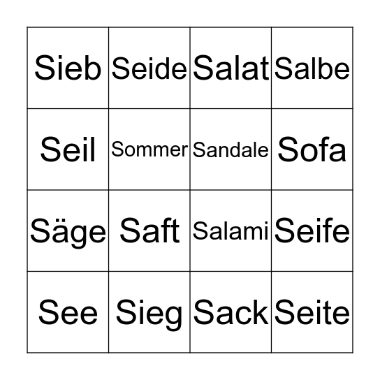 S-Wörter Bingo Card