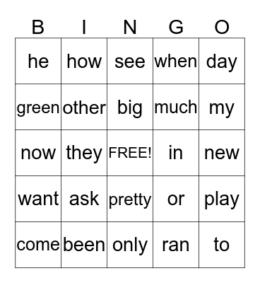 Sight Words Bingo Card