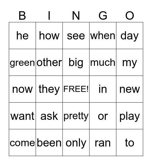 Sight Words Bingo Card