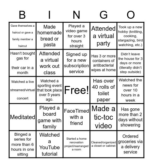 Fusion Academy Quarantine Bingo Card