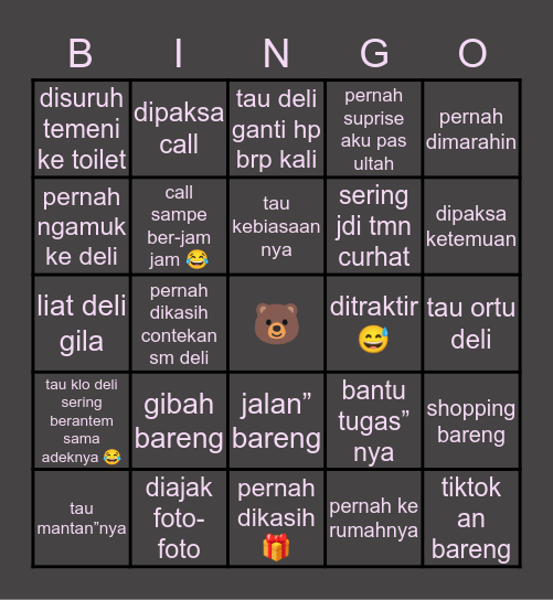 delicia’s bingo game Bingo Card