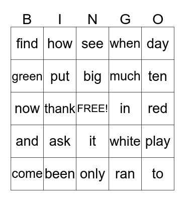 Sight Words Bingo Card