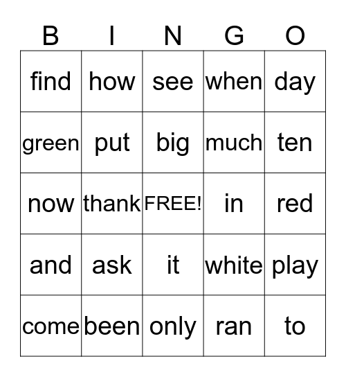 Sight Words Bingo Card
