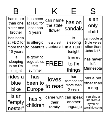 Bike Trip Bingo Card