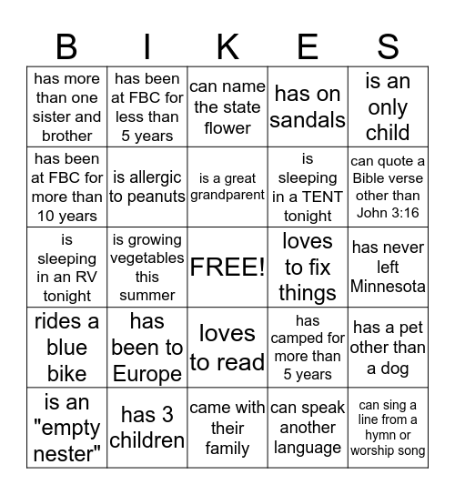 Bike Trip Bingo Card