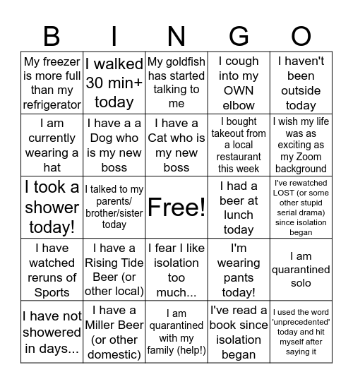 Happy Hour Quarantine Bingo Card