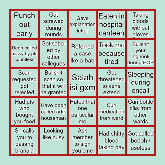 Housemanshit Bingo Card