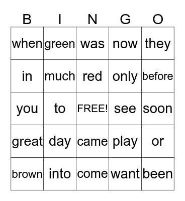 Sight Words Bingo Card