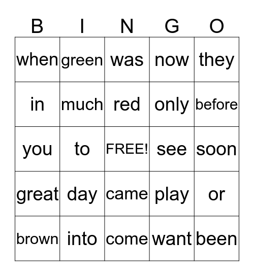 Sight Words Bingo Card
