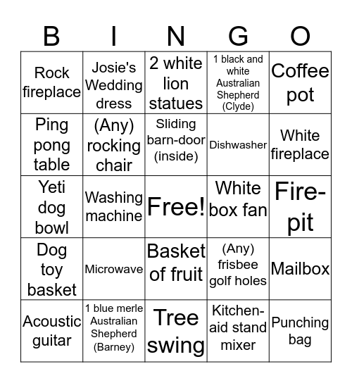 Josie's House Bingo Card