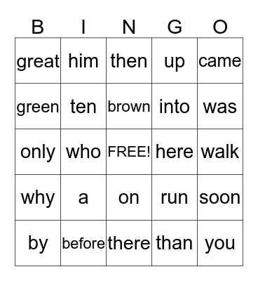 Sight Words Bingo Card