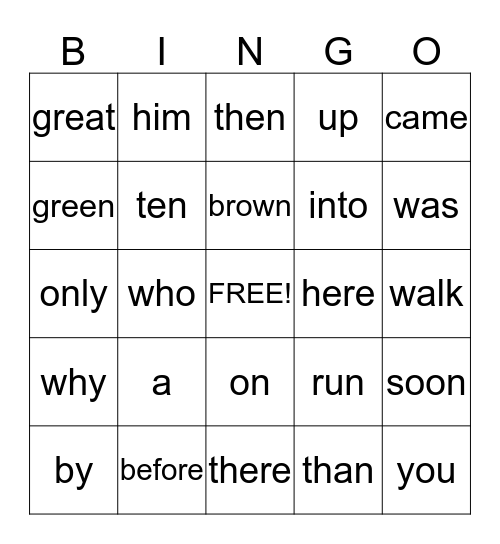 Sight Words Bingo Card