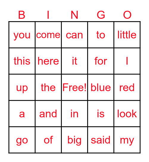 Sight Word Bingo Card