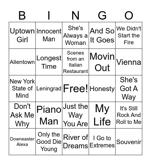 Billy Joel Bingo Card