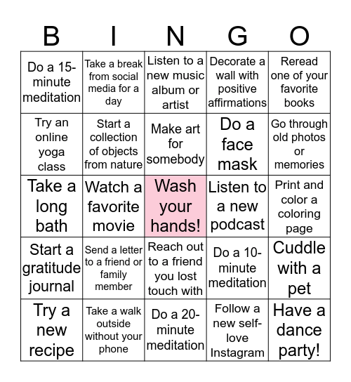 Social Distancing Self-Care Bingo Card