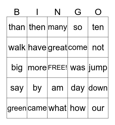 Sight Words Bingo Card