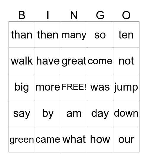 Sight Words Bingo Card