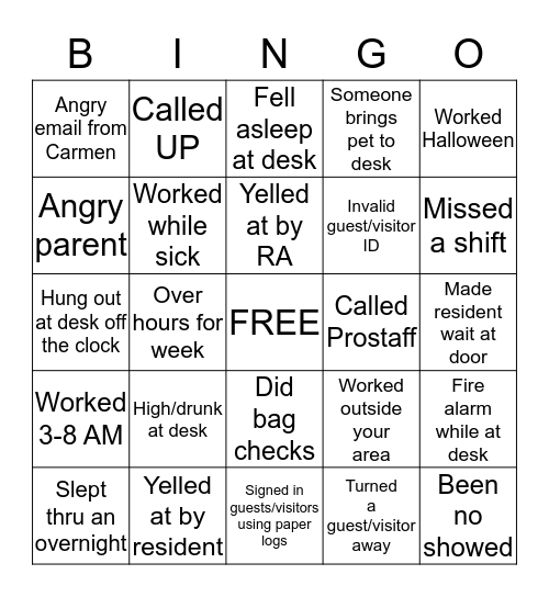 Desk Receptionist Bingo Card