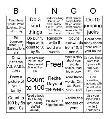 KINDERGARTEN BINGO Card