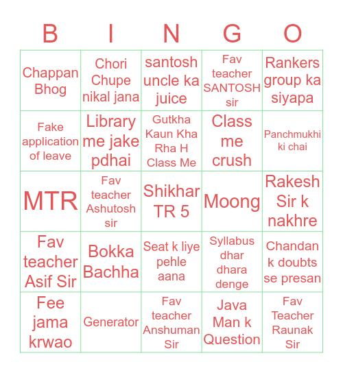 Shikhar Bingo Card
