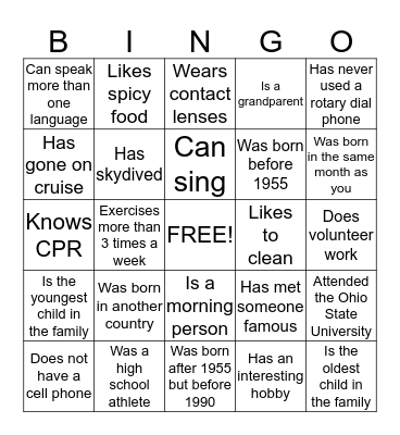 Getting to Know You Bingo Card