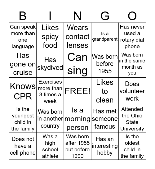 Getting to Know You Bingo Card