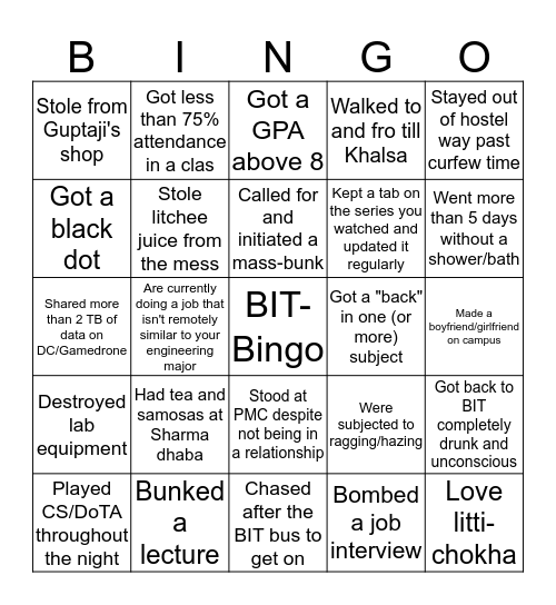 BIT Mesra Bingo Card