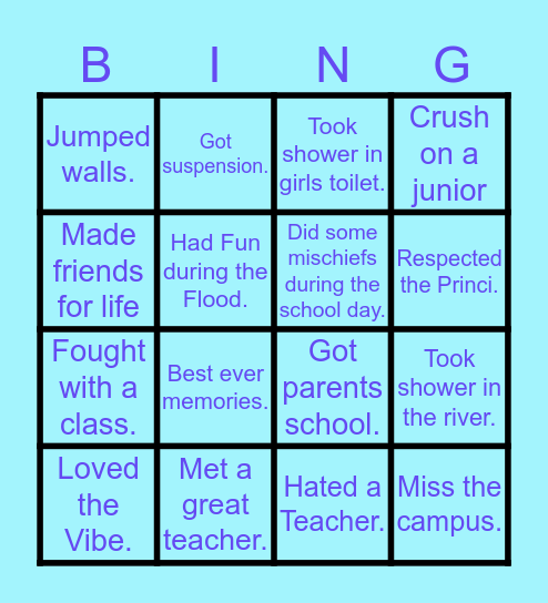 School Memories Bingo Card