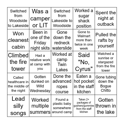 Twin Lakes Bingo Card
