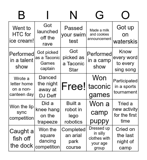 CAMP TACONIC BINGO! Bingo Card