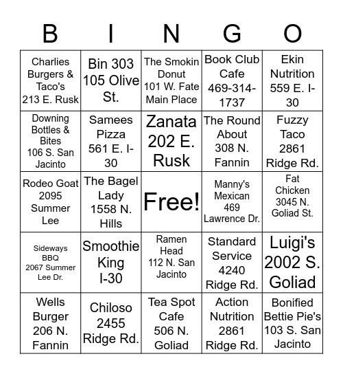 Rockwall Bingo Card