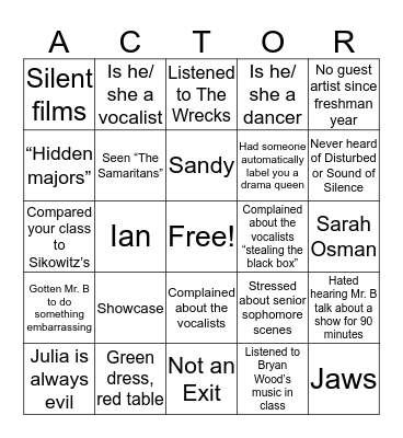 Actor Bingo Card