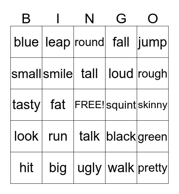 Verbs/Adjectives Bingo Card