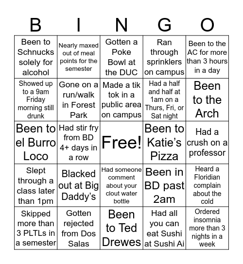 Wash U Freshman Year Bingo Card