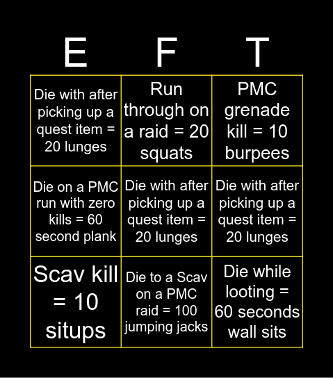 Escape From Tarkov Chad Bingo Card