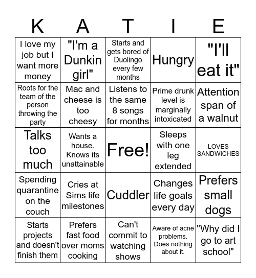 Katie's Personality Bingo Card