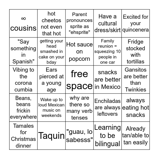 Hispanic Girl Bingo Card